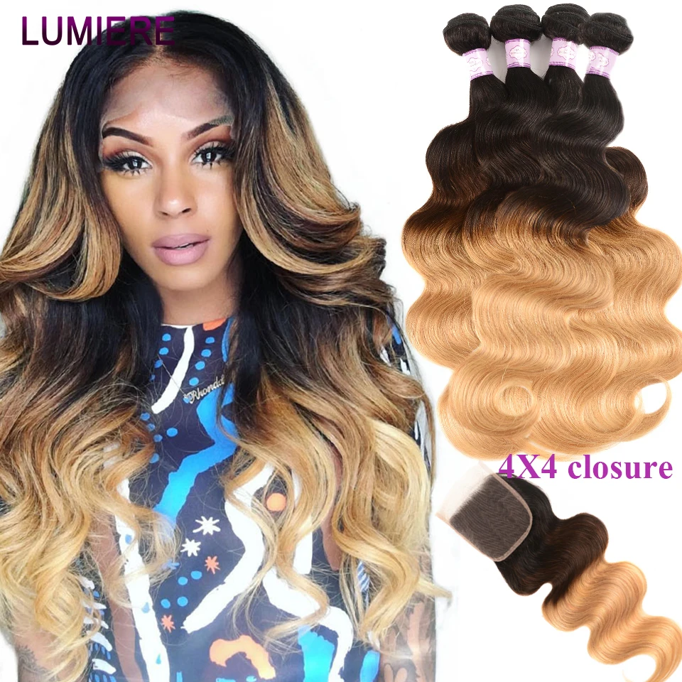 Lumiere-extensiones de pelo ondulado brasileño cabello humano ondulado con cierre, 4 mechones con cierre 1B/4/27 no Remy