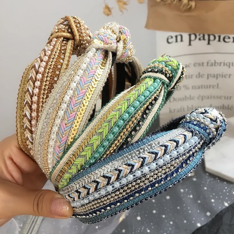 Женские Простые повязки на голову простые с блестками и бусинами аксессуары для