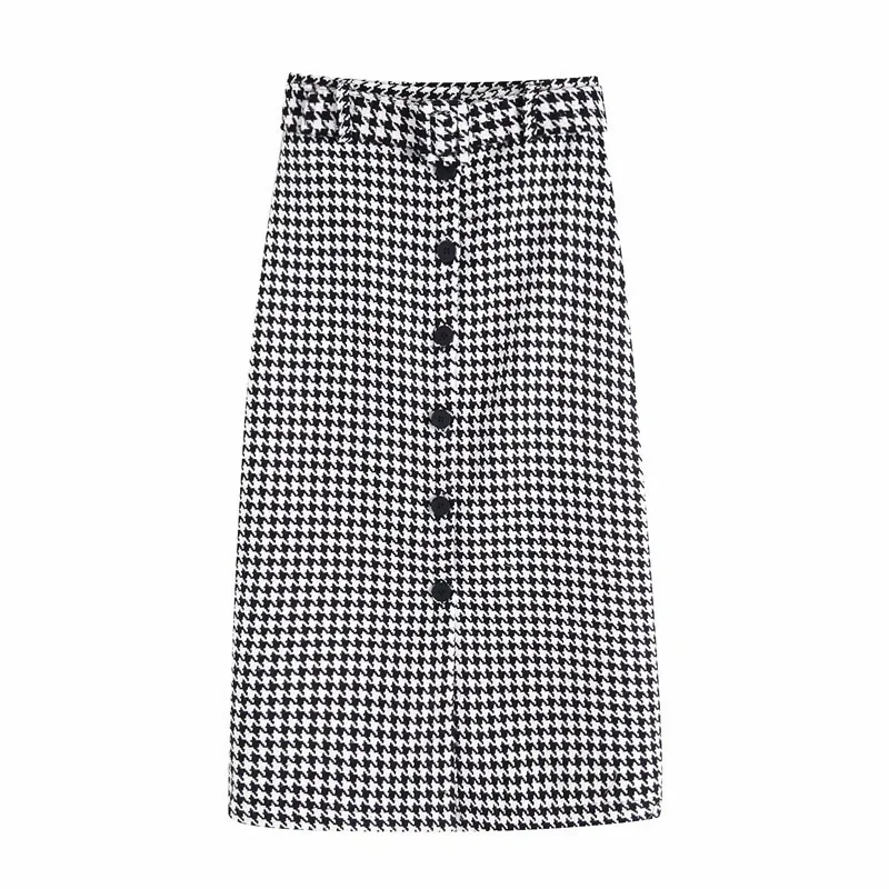 

Hhfs Europe And America Women's Dress High-waisted Buckle Slit Thousands of Birds Skirt Elegant Sheath Long Skirts