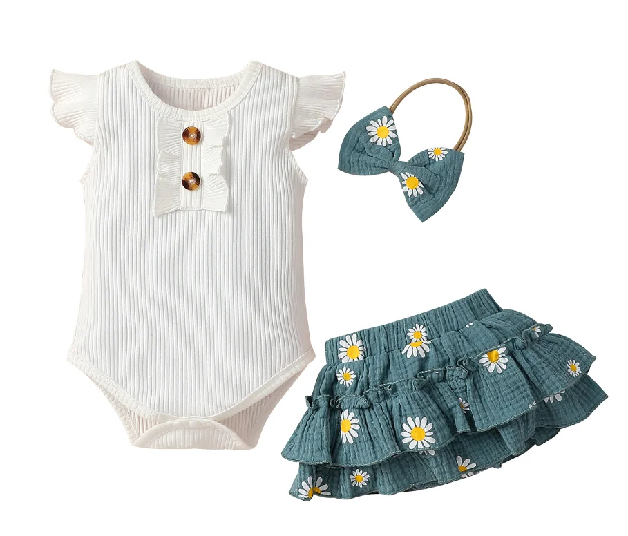 Baby Girls Summer Clothes Set Solid Color Ribbed Sleeveless Romper