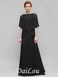 Sheath / Column Mother of the Bride Dress Elegant Bateau Neck Floor Length Chiffon Sleeveless with Beading 2021