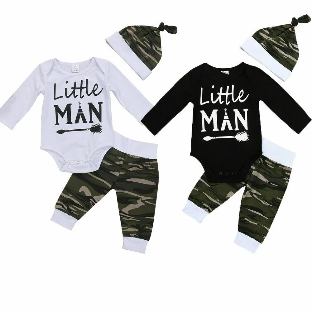 Summer Newborn Baby Boys Outfits Little Man Romper Jumpsuit Tops Long Pants and Hat 3Pcs Clothing Set 0 Month to 18 Months |