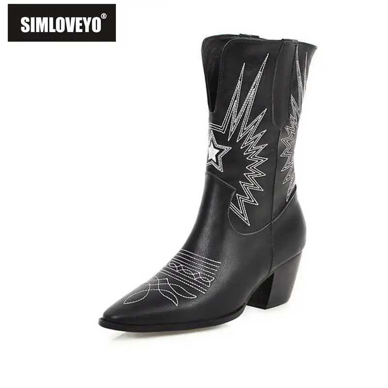 SIMLOVEYO Women Ankle Boots Cowboy Pointed Toe Square Thick Heel Faux leather Pull On Plus size 34-48 Black White Casual Autumn