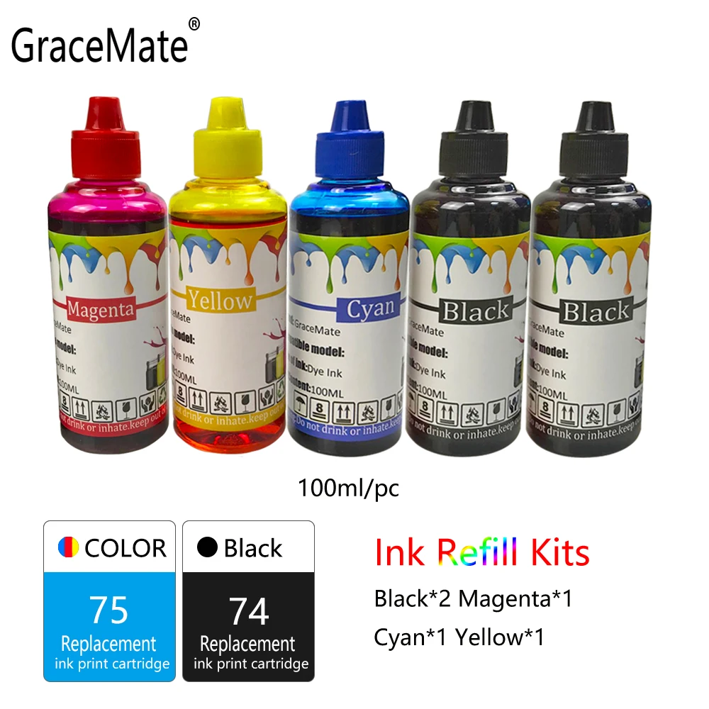 GraceMate принтер чернил заправка чернил Бутылка Замена для Hp 74 75 для Deskjet D4260 D4263 4360 D4368 Officejet J5730 J5750 J5790
