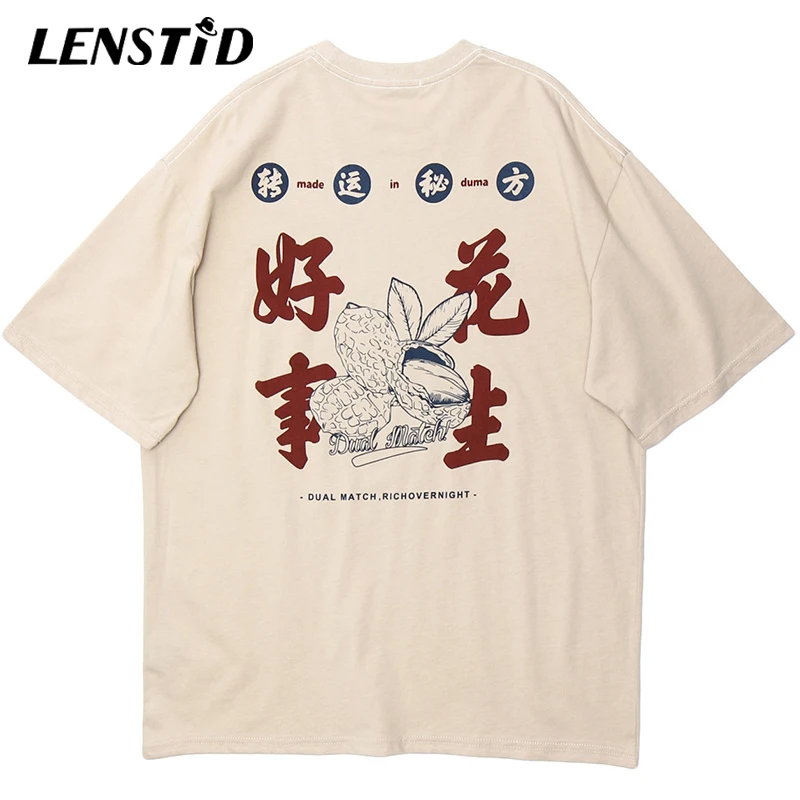 LENSTID летняя уличная китайская Kanji Lucky Футболка Мужская Хип-Хоп Футболка Harajuku футболка с коротким рукавом топы футболки Одежда