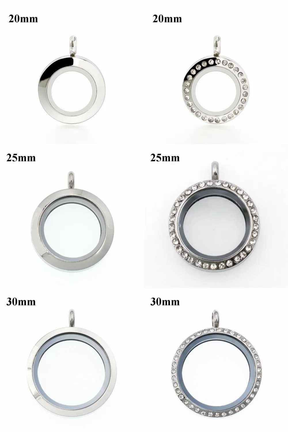 

10pcs/lot 20mm/25mm/30mm 316L stainless steel + glass floating locket clear rhinestone locket for floating locket memory charms