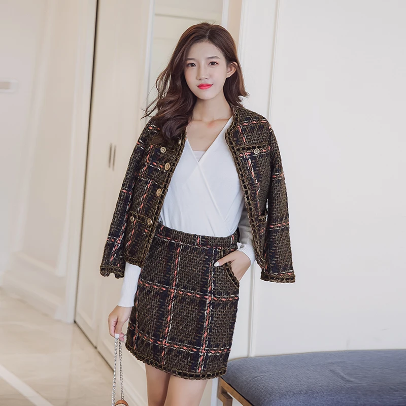 

New Fashion High Quality Women 2 Piece Set Autumn Winter Tweed Single Breasted Braided Jacket Coat + Bodycon A-Line Skirt Suits