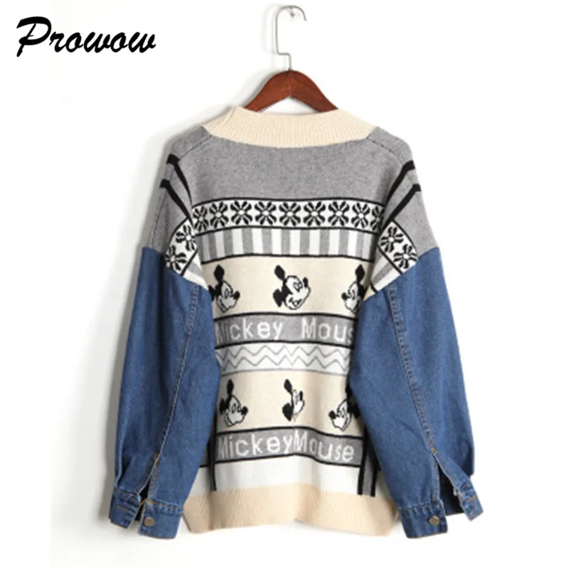 Mickey Cardigan Sweater Cartoon Loose Sweater Stitching Denim Sweater Coat Women Casual Sweater Cardigan Female Tops