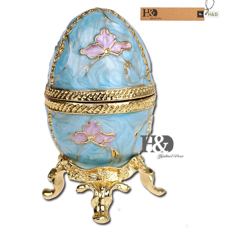 

H&D Hinged Jewelry Trinket Box Hand Painted Bejeweled Boxes Blue Egg Shaped Ring Holder Collectives Home Wedding Decoration