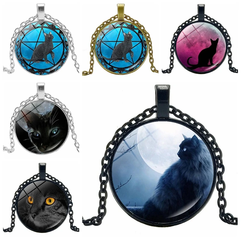 

2020 New Cat Badge Under The Night Sky Pendant Necklace Glass Cabochon 3 Color Necklace Jewelry Sweater Chain Wholesale