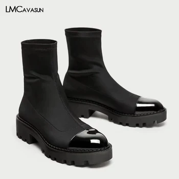 

LMCAVASUN Stretch Fabric Women Sock Boots Round Toe Ankle Boots For Women Brand Design Slip On Women Platform Boots