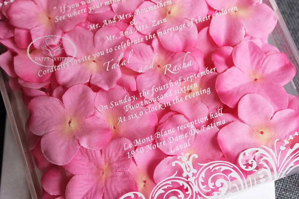 HI4081-05 Fantastic Clear Acrylic Box Invitation with Pink Flowers Decorations with White Writing Factory Price Made in China
