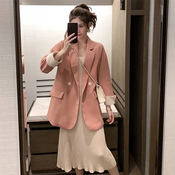 

Fashion Women Blazer Office Lady Double-Breasted Jacket Women Autumn Long Sleeve Patchwork Oversized Korean Style Streetwear