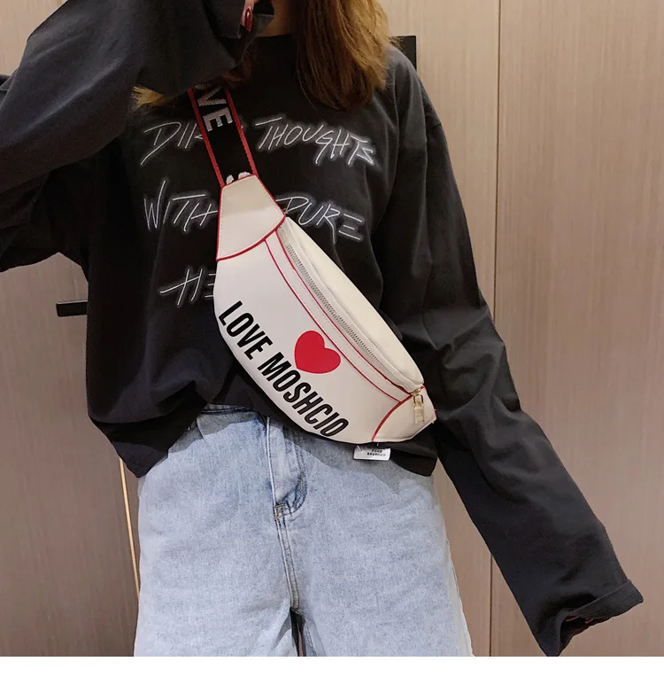 Solid Color Love Heart Decor Women Waist Bag PU Leather Crossbody Shoulder Bag Chest Bags Fashion Ladies Fanny Pack Belt Bag