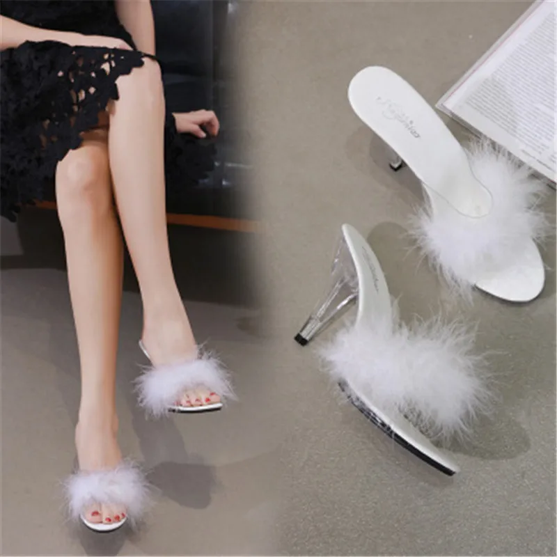 

Plus 34-43 44 45 Shoes Woman Slipper Women Transparent Crystal Heels 7/10 CM Wedding Sandals Sexy Interest Female Slippers Black