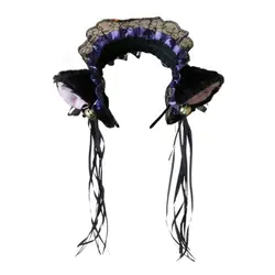 Women Ruffles Lace Headband Plush Cat Ears Ribbon Bell Lolita Cosplay Hair Hoop