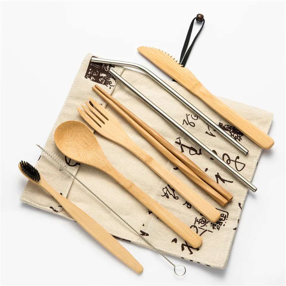 

High Quality Cutlery Set Wood Cutlery Fork Spoon Knife Set Toothbrush Chopsticks Drinking Straw and Cutlery Bag Picnic Outdoor
