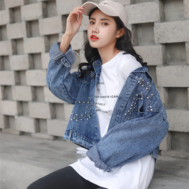 

Jeans Coat Women's Slim Fit Korean-style Fashion Students Long Sleeve Spring And Autumn Cowboy Clothing Tops Zipper Half-Turtle-