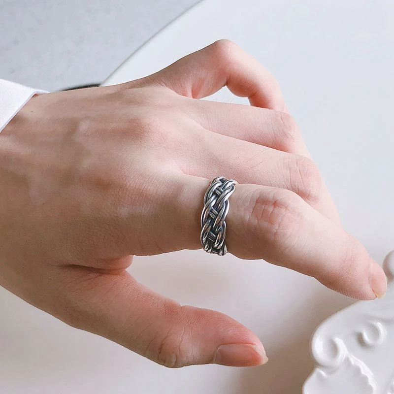 

Silvology 925 Sterling Silver Handmade Weave Rings Vintage Do The Old Minimalist Korea Wide Rings for Women Silver 925 Jewelry