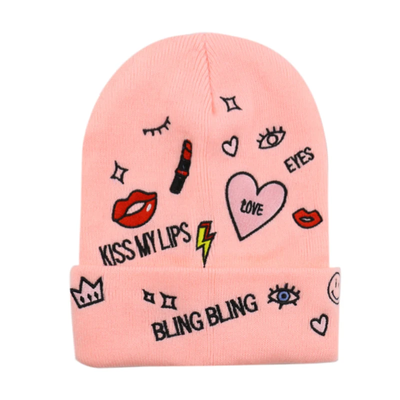 FOXMOTHER Корея Зима Белый Розовый Bling губная помада вышивка Beanie женская шапка женская вязаная Лыжная Шапка Gorros