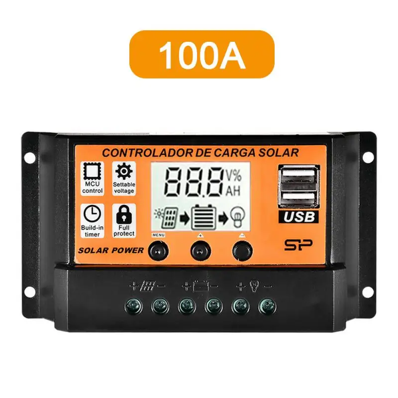 10A~100A Solar Charger Controller 12V 24V Auto PWM Controllers LCD Display 5V Dual USB Output Controller 