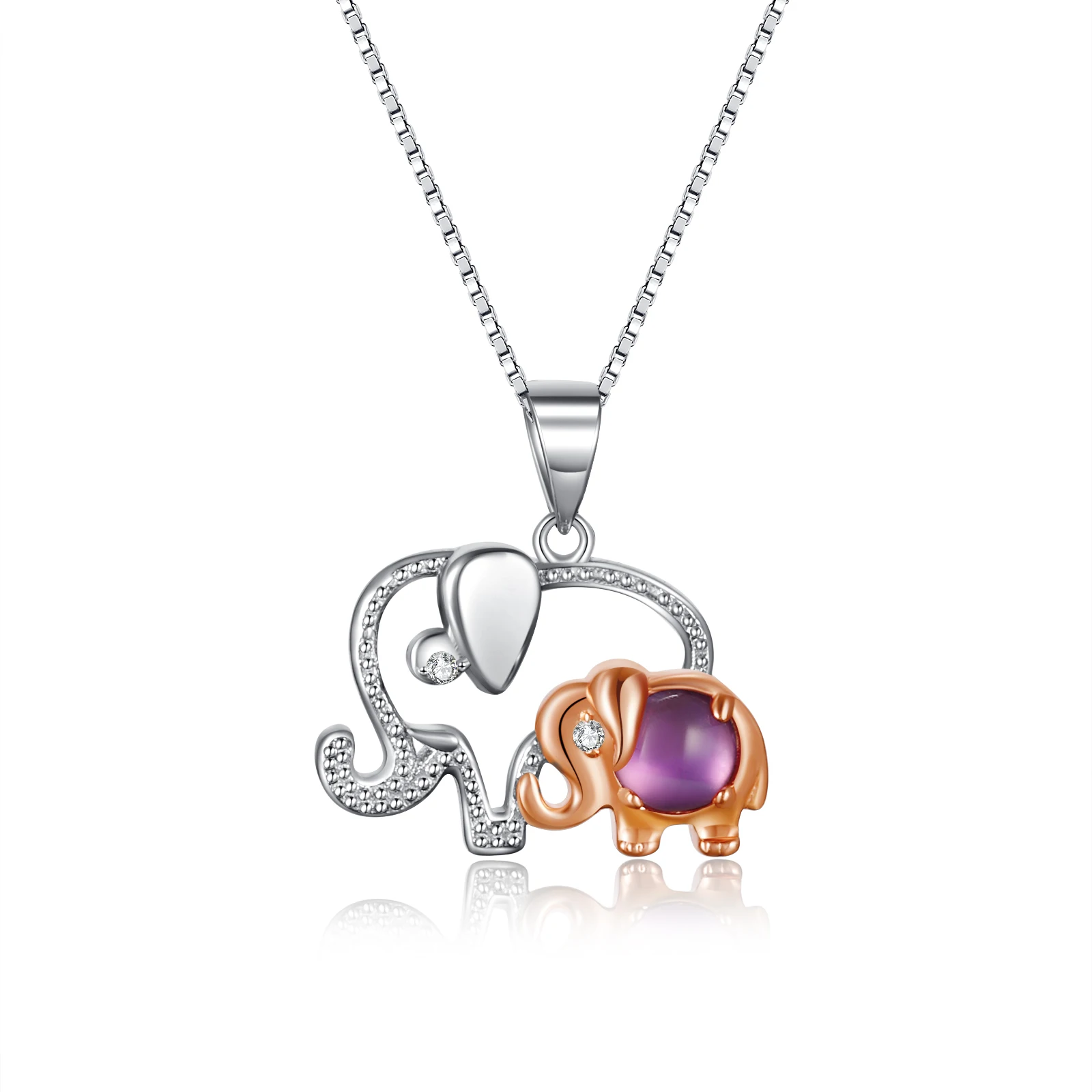 GEM'S BALLET 925 Sterling Silver Mother Baby Elephant Necklace Natural Amethyst Gemstone Pendant