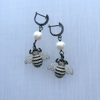 

Freshwater White Pearl Zircon Pave Bees Earrings