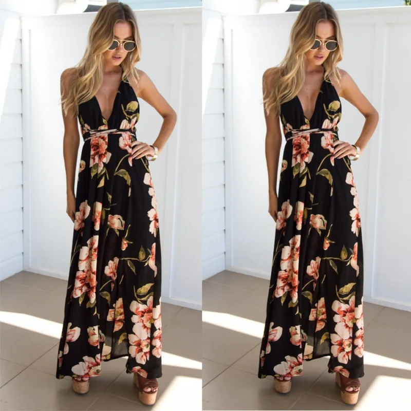 

New long floral boho slip summer woman backless dress 2020 robe femme party night women flower maxi clothing bohemian dresses