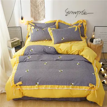 

Yellow princess bedclothes kids duvet cover Set Romantic Lace Girls quilts Cover queen full twin bowknot Korean Bedding Sets