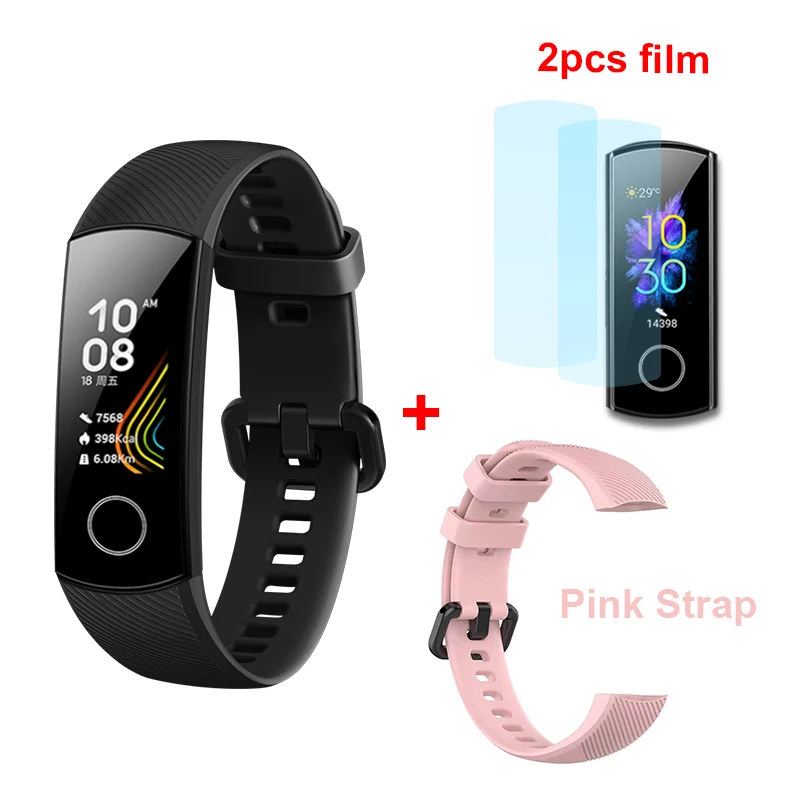 huawei Honor Band 5 Smartband AMOLED Смарт-часы кровяной кислород сердце яж фитнес-трекер сна Спорт Gps браслет - Цвет: Black add Film Pink