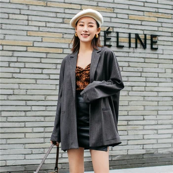 

Women Suit Blazer Jacket 2019 Winter And Autumn Fashion Suit Jacket Loose Casual With Striped Female Turn-down Collar Outerwear