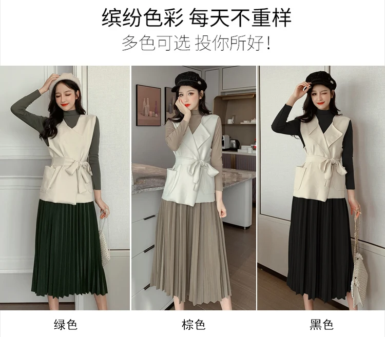 Комплект из 3 предметов, весна-осень, корейский Повседневный Комплект из трех предметов, женский короткий жилет на шнуровке с карманом+ однотонный топ+ плиссированная длинная юбка, комплект