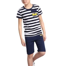 Летние Детские хлопковые комплекты в полоску из 2 предметов с короткими рукавами для маленьких мальчиков и девочек Повседневная Однотонная футболка+ короткие штаны комплекты из 2 предметов