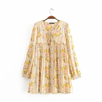 

2020 Spring Summer New Rayon Printed Bohemian yellow zaraing women Dress vadiming sheining female dress sexy vintage Yup8438