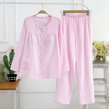 

Pure Cotton with Chest Pad Ladies Pajamas Set Pink Blue Long-sleeved Round Neck Button Lace Home Wear Trousers Sleepwear Pigiama