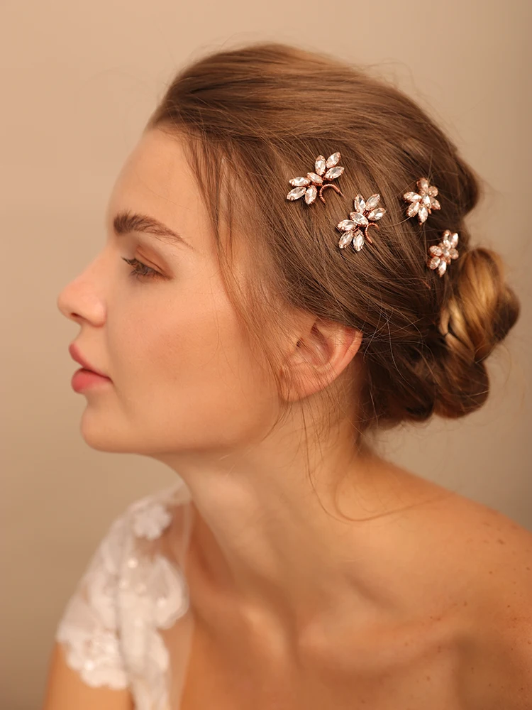 Trendy Bridal Pin Pink Silver Simple 4PCS Bridal Hairpins Rhinestones Wedding Hair Pins Wendding Ladies Hair Accessories Jewelry
