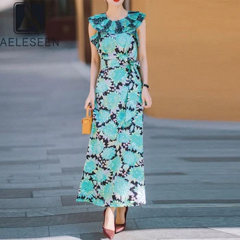 

AELESEEN Maxi Dress Women 2020 Bohemian Summer Dress Designer Ruffles Floral Print Pleated Green Long Elegant Cotton Dress