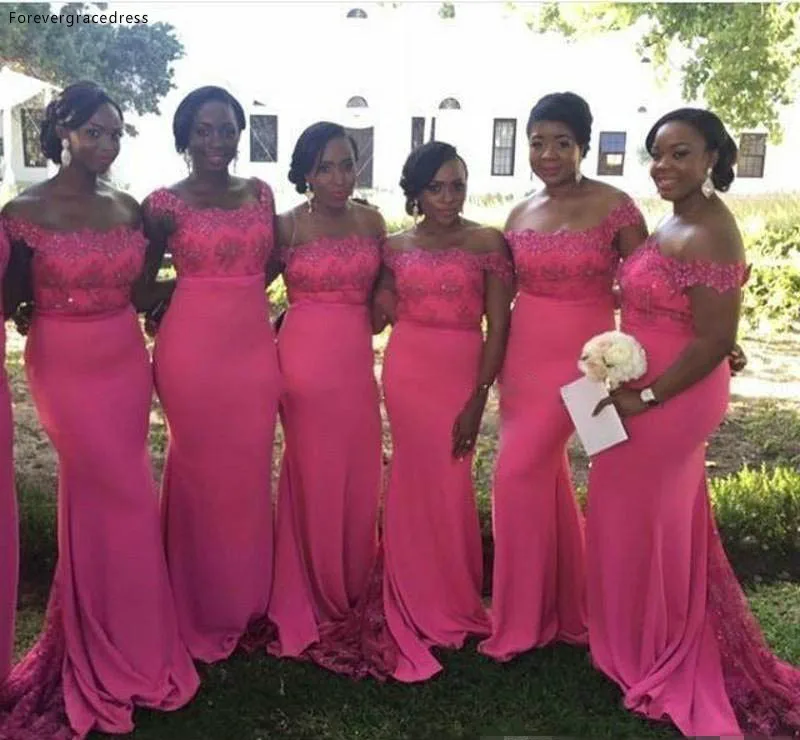 Bright Fuchsia Mermaid Bridesmaid Dresses with Beaded Lace Bridesmaid Gowns Cap Sleeves Sheath Bateau Wedding Guest Dresses 2018 For Sale 107