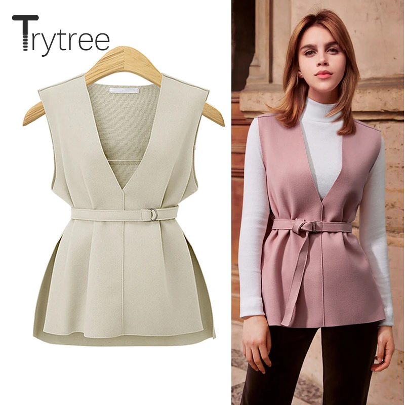 

Trytree 2019 Autumn Winter Women Casual Polyester Vest V-neck Solid 5 Colour Belt Pullovers Fashion Loose Office Lady Vest Top