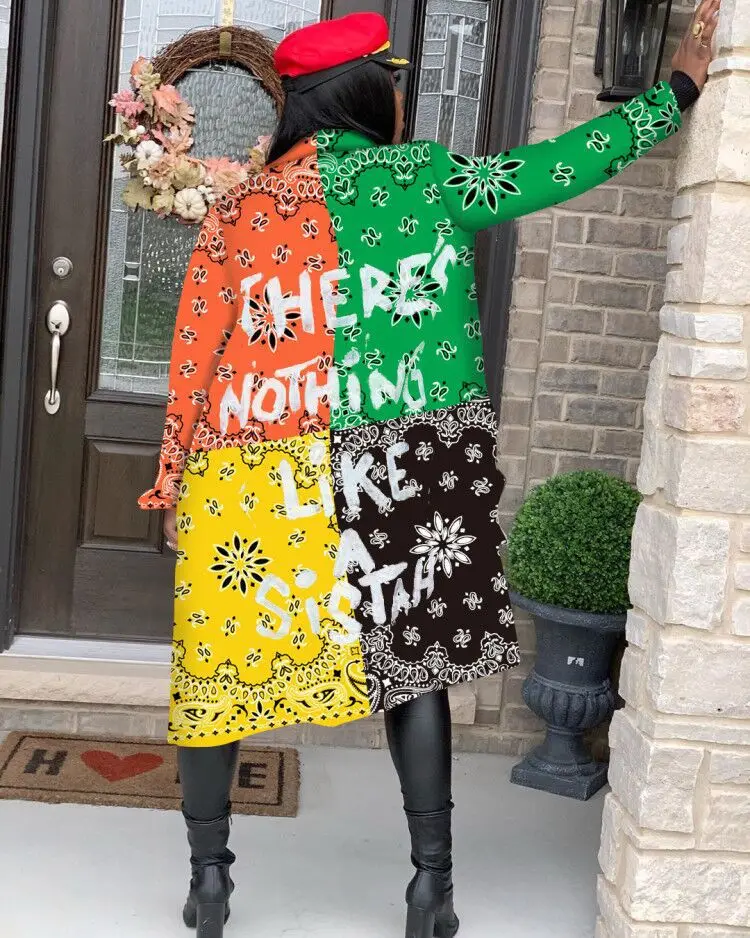 2020 Autumn Winter Bandanna Letter Print Open Stitch Slim Women Trench Streetwear Long Coats & Jackets For Lady