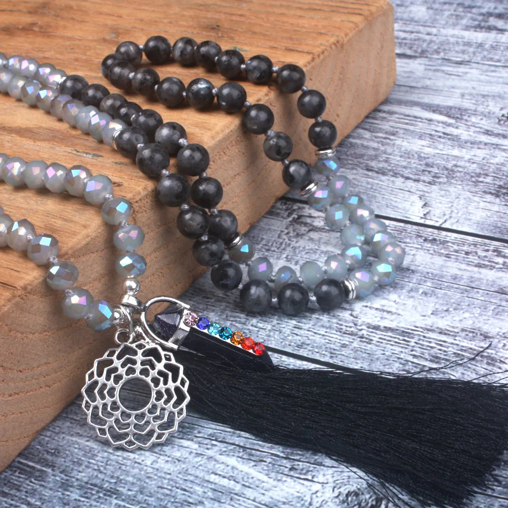 108 mala 8mm Labradorite with crystal long necklace Hexagonal Column Chakra necklace black tassel necklace