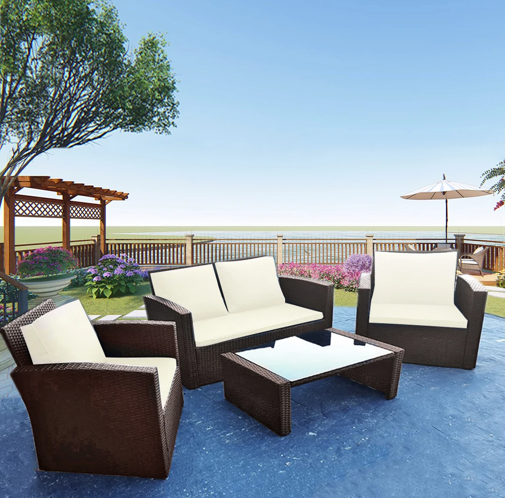 Panana Outdoor Furnitures 4 Piece Rattan Garden furniture Table Chairs Sofa Set US stock