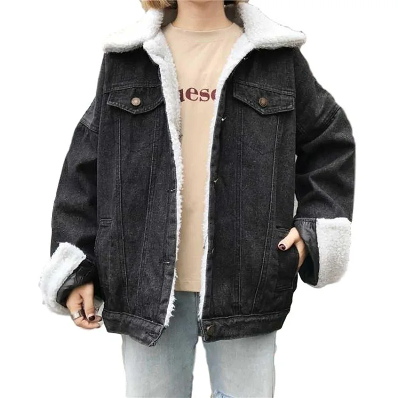 

Idopy Women`s Boyfriend Denim Jacket Fleece Lined Baggy Loose Winter Thermal Warm Jeans Jacket and Coat Fur Collar For Female