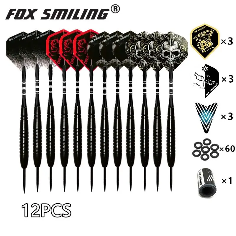Fox Smiling 12PCS 18/22/23g Steel Tip Darts With Aluminum Nylon Shaft With 9PCS Flights，60PCS Rubber O Ring 1PCS sharpener