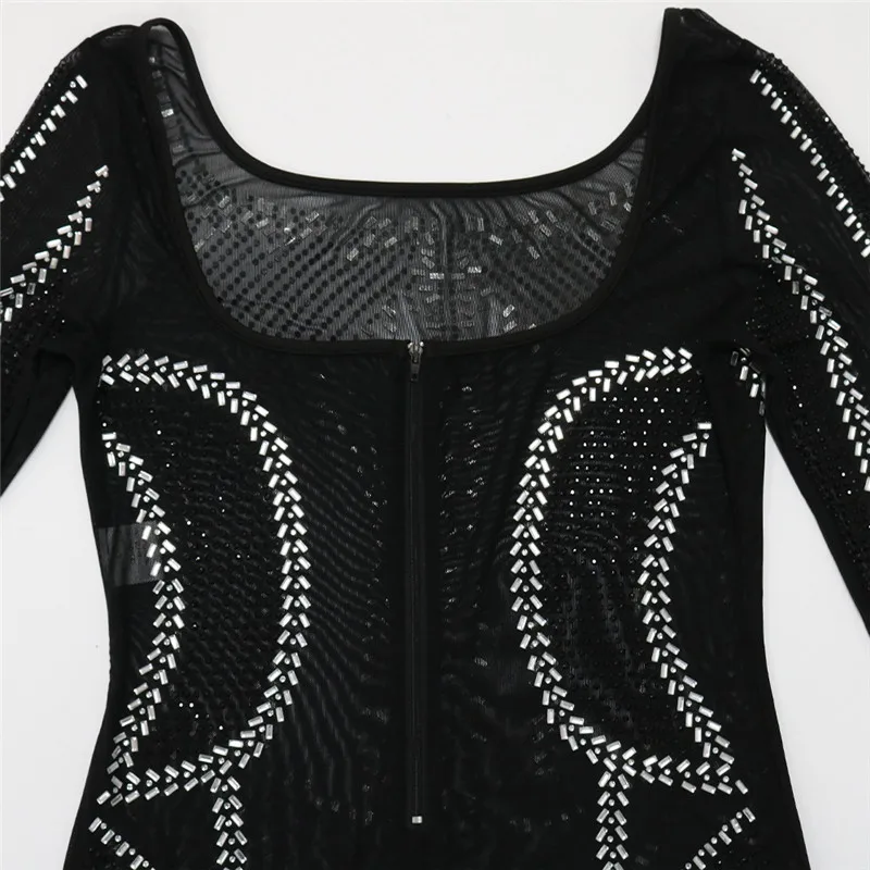 Rhinestone Mesh See-Through Party Jumpsuit for Women Elegant Long Sleeve Bodycon Rompers Party Night One Piece Outfits Clubwear