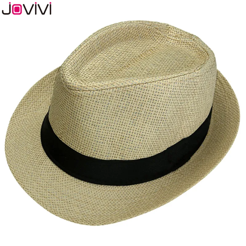 Jovivi 1x летняя соломенная фетровая шляпа унисекс с короткими полями, Пляжная солнцезащитная Кепка с черным поясом, шляпы для мужчин и женщин, джазовая шляпа, есть 4 цвета - Цвет: 1x Beige