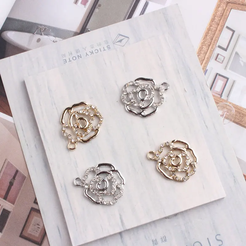 10PCS/Lot Silver Gold Color Tone Rose Flower Shape Charm With Rhinestone Charms Fashion Jewelry Accessories for DIY Craft | Украшения и