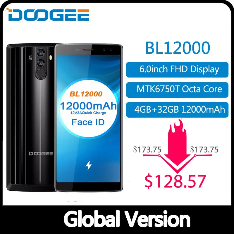 DOOGEE BL12000 смартфон 12000 мАч Быстрая зарядка 6,0 ''18: 9 FHD+ Восьмиядерный процессор MTK6750T 4 Гб ОЗУ 32 Гб ПЗУ четырехъярусная камера 16,0 Мп Android 7,1