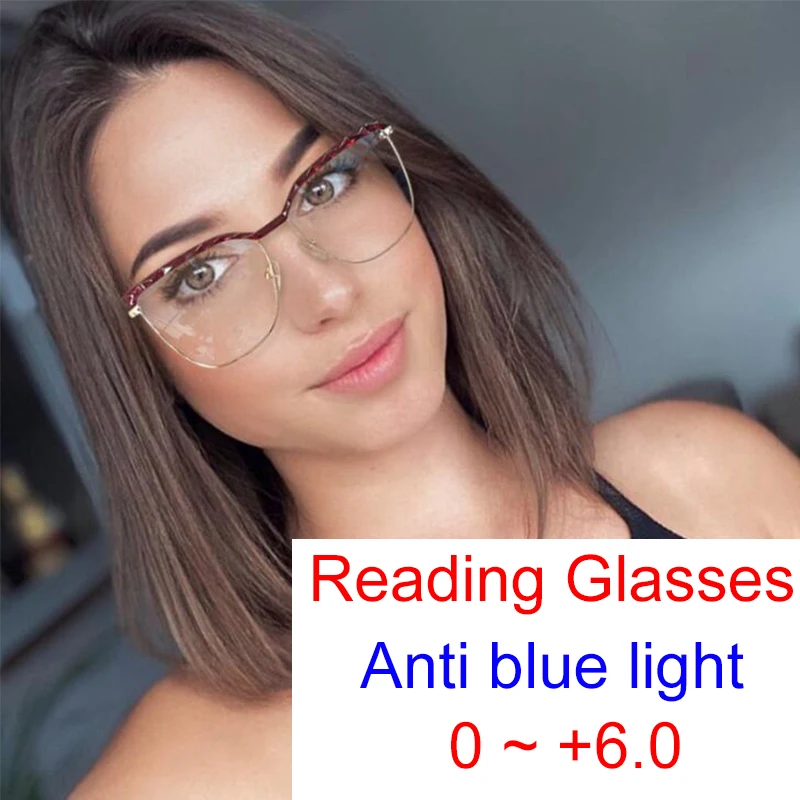 Gafas de lectura de para mujer, lentes ópticas de ordenador con montura de ojo de gato, incluso para Plus 0 a + 2023, antiluz 6,0 - AliExpress