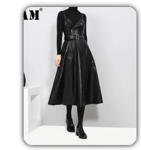 [EAM] черная юбка с завышенной талией, смешанные цвета, необычная юбка средней длины, женская мода, новинка, весна-осень, 1B212